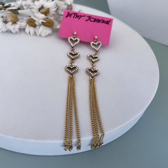 Betsey Johnson Crystal Bow Long Tassel Earrings - Picture 2 of 5